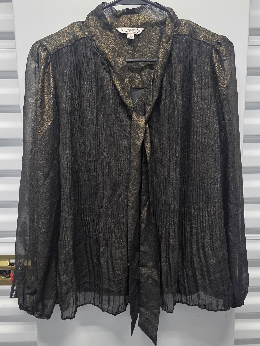 Nanette Lepore Black Gold Shimmer Tie-Neck Sheer Blouse Top Baroque Chic Glam